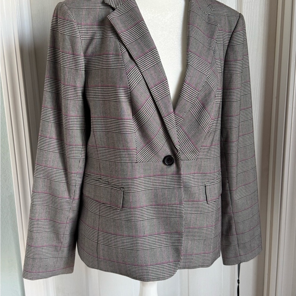 DKNY Black, White & Pink Plaid Blazer, Single Button Detail